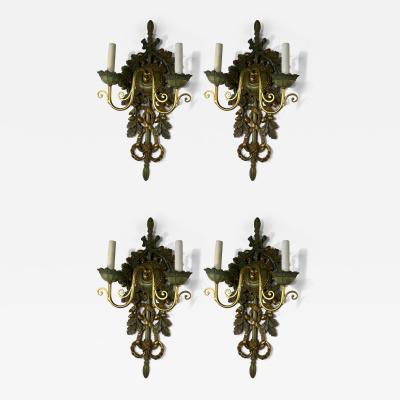 SUITE OF FANCY FOUR ITALIAN GOLD GREEN WOOD LEAF ACORN DESIGN SCONCES