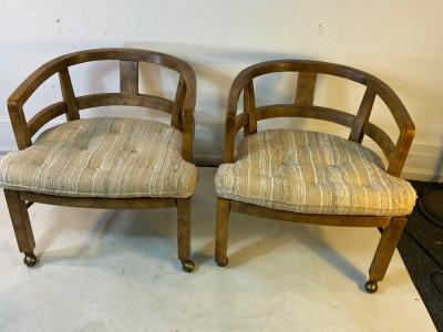 SUITE OF FOUR MODERN OLIVE WOOD DINING CHAIRS ON CASTERS