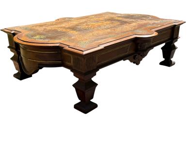 SUPERB ANTIQUE BRASS EXOTIC WOODS INLAID FLOWERS COFFEE TABLE