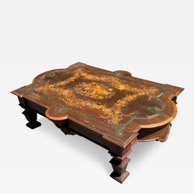 SUPERB ANTIQUE BRASS EXOTIC WOODS INLAID FLOWERS COFFEE TABLE
