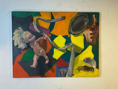 SURREAL PAINTING OF DOLLS AND PLATES WITH COLOR BLOCKS