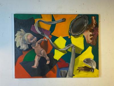 SURREAL PAINTING OF DOLLS AND PLATES WITH COLOR BLOCKS