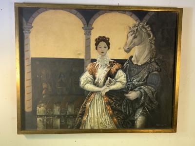 SURREALIST HORSEHEAD KING AND QUEEN PAINTING SIGNED ESPARZA 77