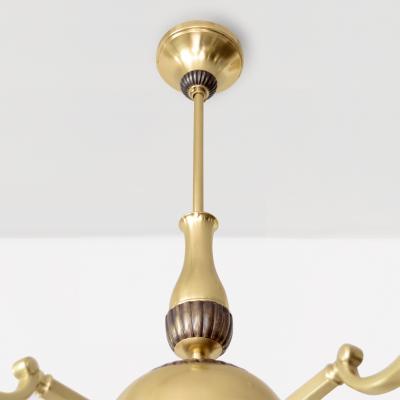 SWEDISH ART DECO BRASS 5 ARM CHANDELIER WITH PATINATED DETAILS