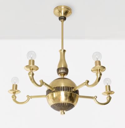 SWEDISH ART DECO BRASS 5 ARM CHANDELIER WITH PATINATED DETAILS