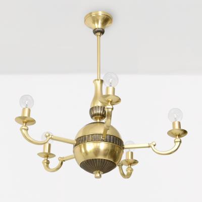 SWEDISH ART DECO BRASS 5 ARM CHANDELIER WITH PATINATED DETAILS