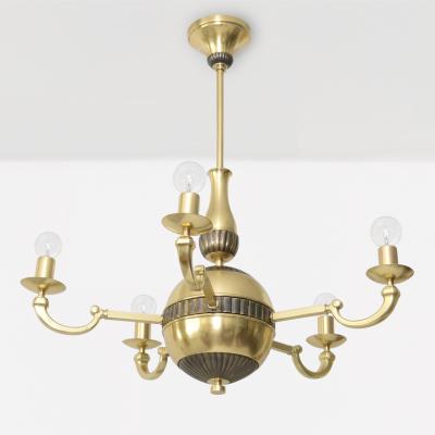 SWEDISH ART DECO BRASS 5 ARM CHANDELIER WITH PATINATED DETAILS