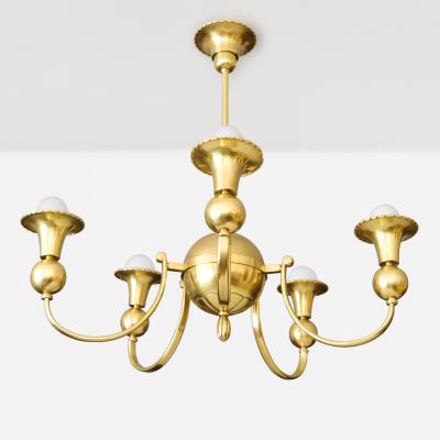 SWEDISH ART DECO BRASS CHANDELIER WITH 5 INVERTED ARCHED ARMS