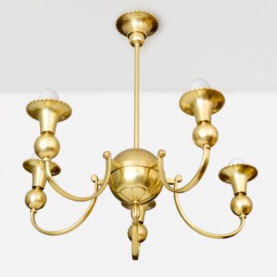 SWEDISH ART DECO BRASS CHANDELIER WITH 5 INVERTED ARCHED ARMS
