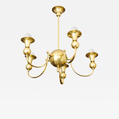 SWEDISH ART DECO BRASS CHANDELIER WITH 5 INVERTED ARCHED ARMS