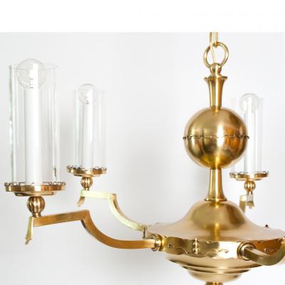 SWEDISH ART DECO FIVE ARM BRASS CHANDELIER WITH CYLINDRICAL GLASS SHADES 