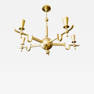 SWEDISH ART DECO Five ARM MODERNIST BRASS CHANDELIER