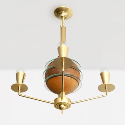 SWEDISH ART DECO ORRERY CHANDELIER WITH GLOBE OF ELM GLASS AND 4 BRASS ARMS