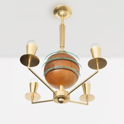 SWEDISH ART DECO ORRERY CHANDELIER WITH GLOBE OF ELM GLASS AND 4 BRASS ARMS