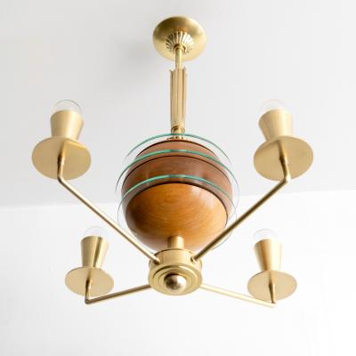 SWEDISH ART DECO ORRERY CHANDELIER WITH GLOBE OF ELM GLASS AND 4 BRASS ARMS