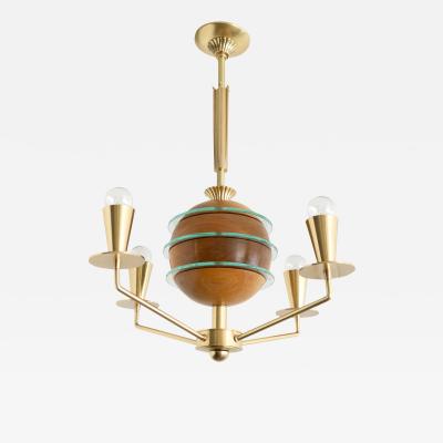 SWEDISH ART DECO ORRERY CHANDELIER WITH GLOBE OF ELM GLASS AND 4 BRASS ARMS