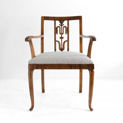 SWEDISH ART DECO PAIR OF STAINED BIRCH ARMCHAIRS WITH CARVED BACKS 1930