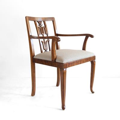 SWEDISH ART DECO PAIR OF STAINED BIRCH ARMCHAIRS WITH CARVED BACKS 1930