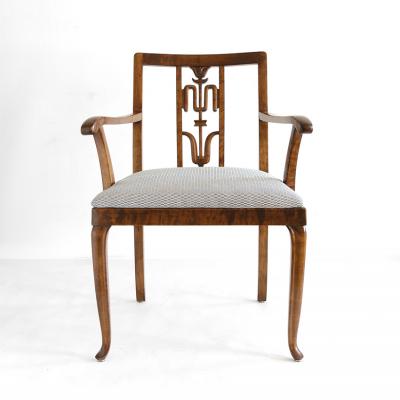 SWEDISH ART DECO PAIR OF STAINED BIRCH ARMCHAIRS WITH CARVED BACKS 1930