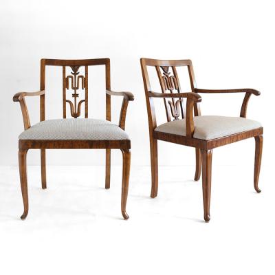 SWEDISH ART DECO PAIR OF STAINED BIRCH ARMCHAIRS WITH CARVED BACKS 1930