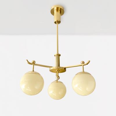 SWEDISH ART DECO POLISHED BRASS 3 ARM CHANDELIER WITH GLASS GLOBES