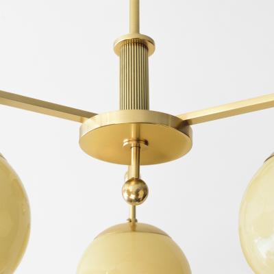 SWEDISH ART DECO POLISHED BRASS 3 ARM CHANDELIER WITH GLASS GLOBES