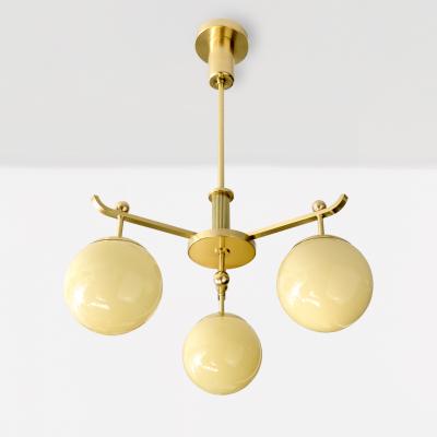 SWEDISH ART DECO POLISHED BRASS 3 ARM CHANDELIER WITH GLASS GLOBES