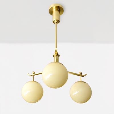 SWEDISH ART DECO POLISHED BRASS 3 ARM CHANDELIER WITH GLASS GLOBES