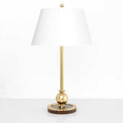 SWEDISH ART DECO TABLE LAMP WITH BRASS BODY ON A WOOD AND BRASS BASE 