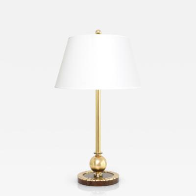 SWEDISH ART DECO TABLE LAMP WITH BRASS BODY ON A WOOD AND BRASS BASE 
