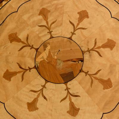 SWEDISH GRACE 1920 30 ROUND MARQUETRY TABLE WITH RECLINING WOMAN 