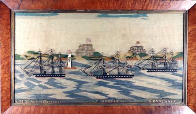 Sailors Woolwork Woolie of a Fleet Passing Two Forts