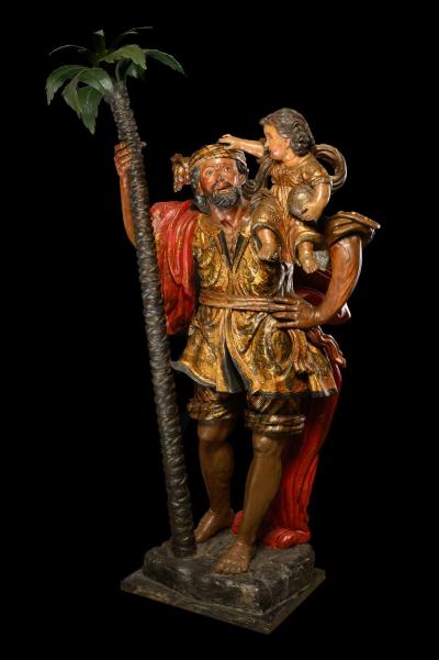 Saint Christopher with the Christ Child Polychromed wood