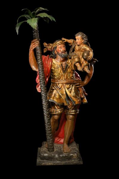 Saint Christopher with the Christ Child Polychromed wood