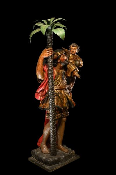 Saint Christopher with the Christ Child Polychromed wood