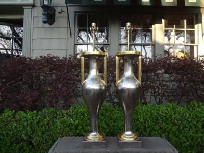 Sally Sirkin Lewis Pair of Monumental Neoclassical Style Silver and Gold Giltwood Urn Form Lamps