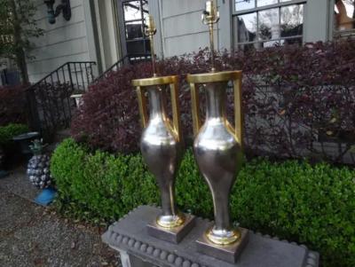 Sally Sirkin Lewis Pair of Monumental Neoclassical Style Silver and Gold Giltwood Urn Form Lamps