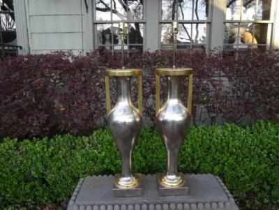Sally Sirkin Lewis Pair of Monumental Neoclassical Style Silver and Gold Giltwood Urn Form Lamps