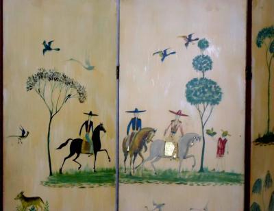 Salvador Corona Rare Painted Floor Screen by Salvador Corona circa 1938 of Vera Cruz Harbor