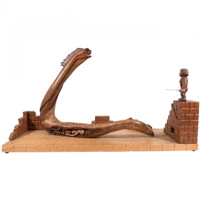 Salvador Dal Surrealist Dali Style Mid Century Wood Diorama of a Knight and Serpent