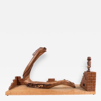 Salvador Dal Surrealist Dali Style Mid Century Wood Diorama of a Knight and Serpent
