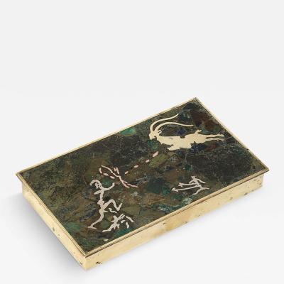 Salvador Teran Mid Century Hunting Scene Brass Silver Stone Inlay Box by Salvador Teran