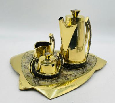 Salvador Teran Silver Malachite Creamer Spoon Covered Sugar Pot Set by Emilia Castillo