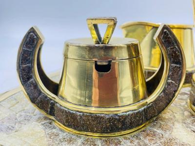 Salvador Teran Silver Malachite Creamer Spoon Covered Sugar Pot Set by Emilia Castillo