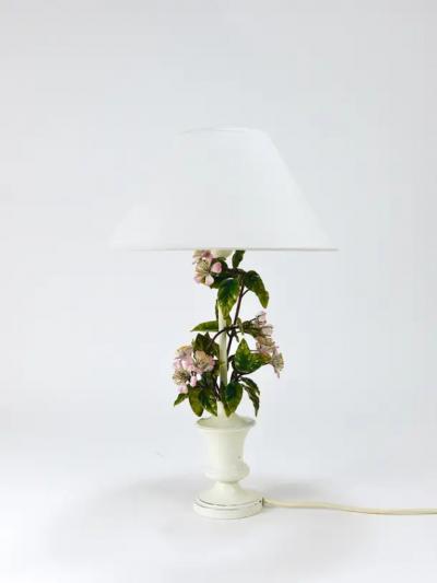 Salvadori Murano Salvadori Hand Painted Wild Apple Blossom Toleware Table Lamp Italy 1950s
