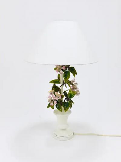 Salvadori Murano Salvadori Hand Painted Wild Apple Blossom Toleware Table Lamp Italy 1950s