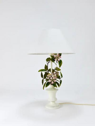 Salvadori Murano Salvadori Hand Painted Wild Apple Blossom Toleware Table Lamp Italy 1950s