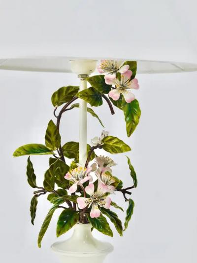 Salvadori Murano Salvadori Hand Painted Wild Apple Blossom Toleware Table Lamp Italy 1950s