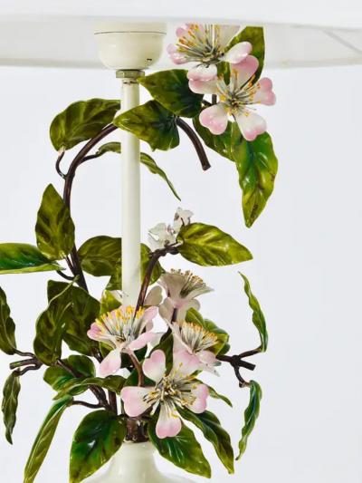 Salvadori Murano Salvadori Hand Painted Wild Apple Blossom Toleware Table Lamp Italy 1950s