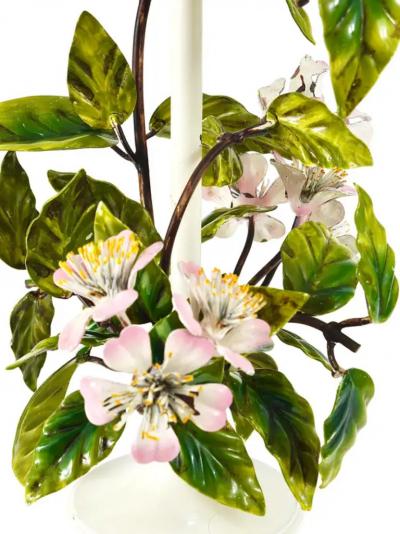 Salvadori Murano Salvadori Hand Painted Wild Apple Blossom Toleware Table Lamp Italy 1950s